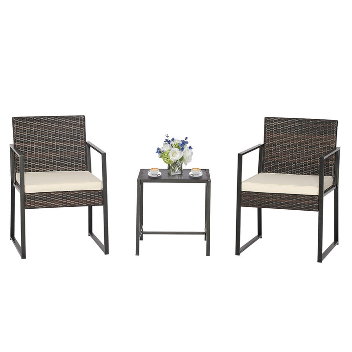 3PCS Patio Rattan Hand-Woven PE Wicker Bistro Set Outdoor Furniture Set w/ Table and Cushion Image 5