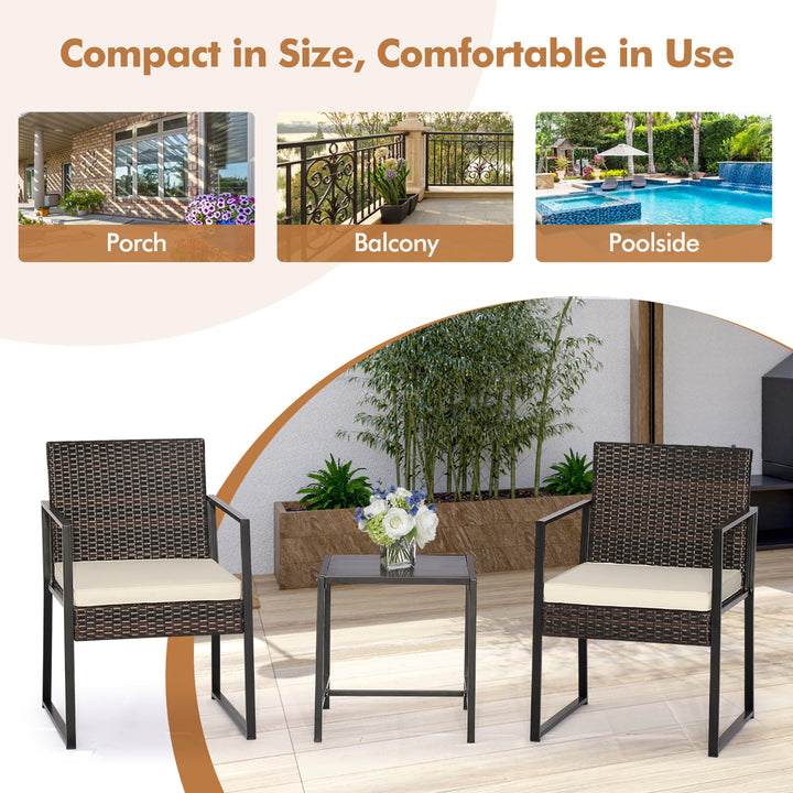 3PCS Patio Rattan Hand-Woven PE Wicker Bistro Set Outdoor Furniture Set w/ Table and Cushion Image 6