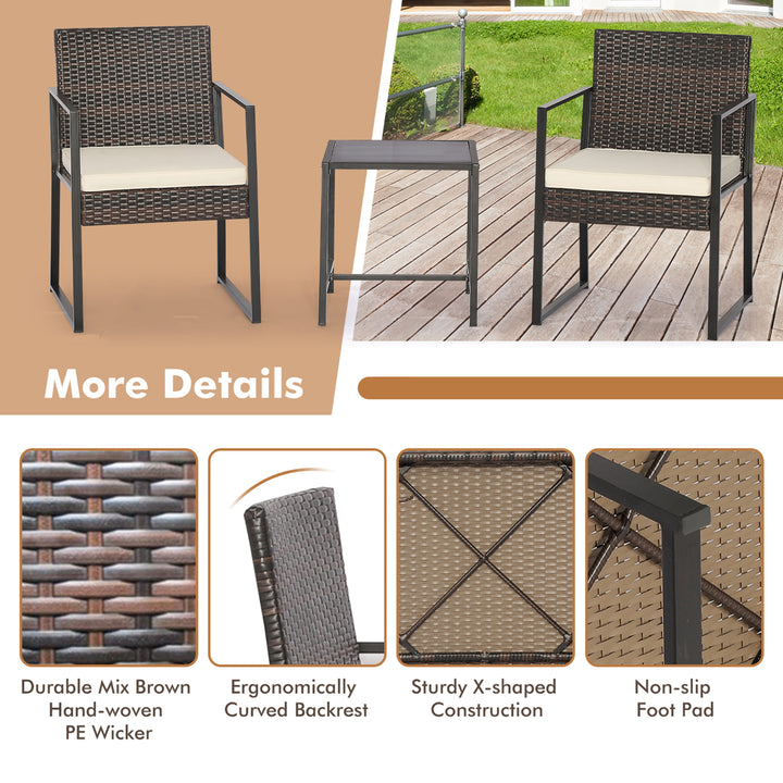 3PCS Patio Rattan Hand-Woven PE Wicker Bistro Set Outdoor Furniture Set w/ Table and Cushion Image 9