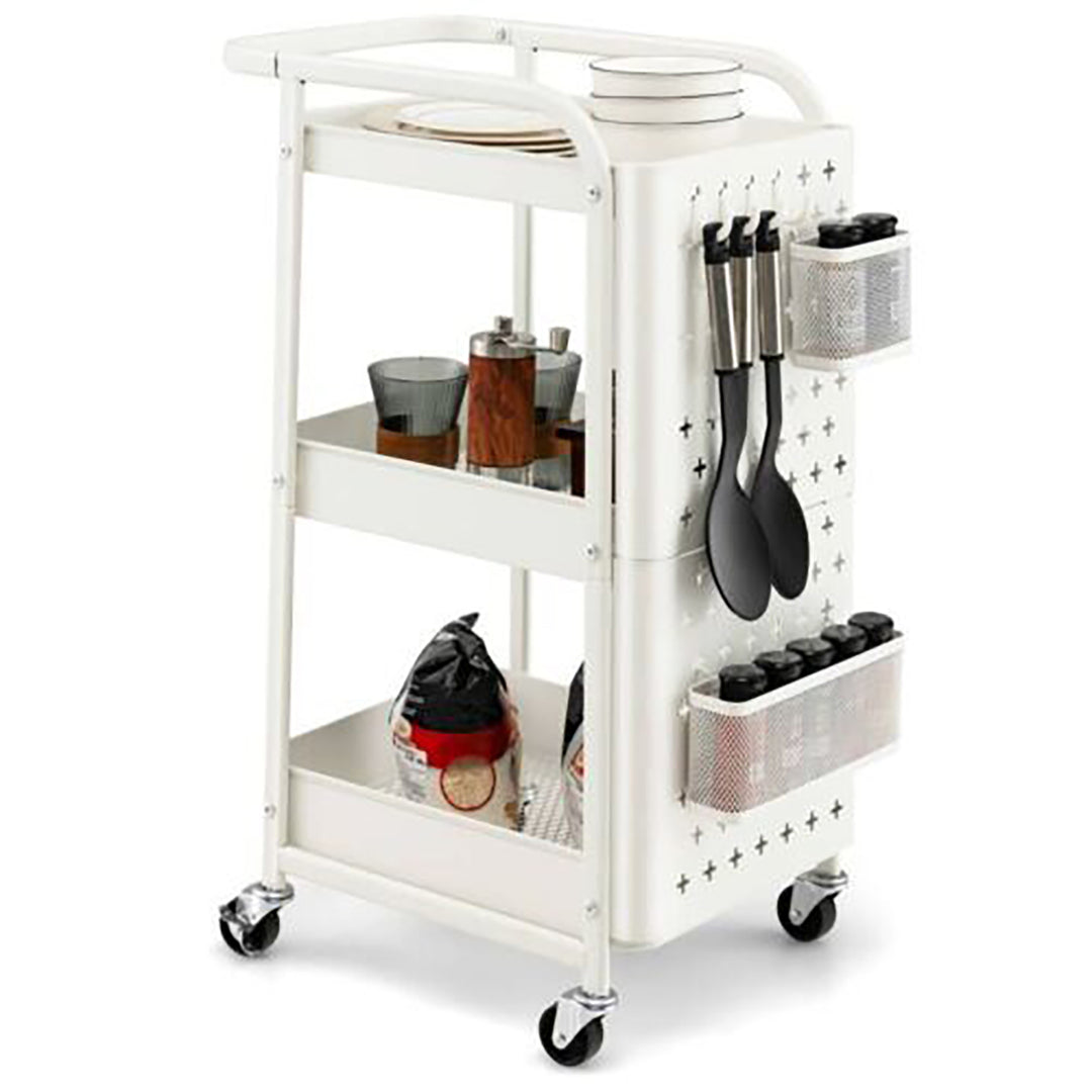 3-Tier Utility Storage Cart Metal Rolling Trolley w/ DIY Pegboard Baskets Image 1