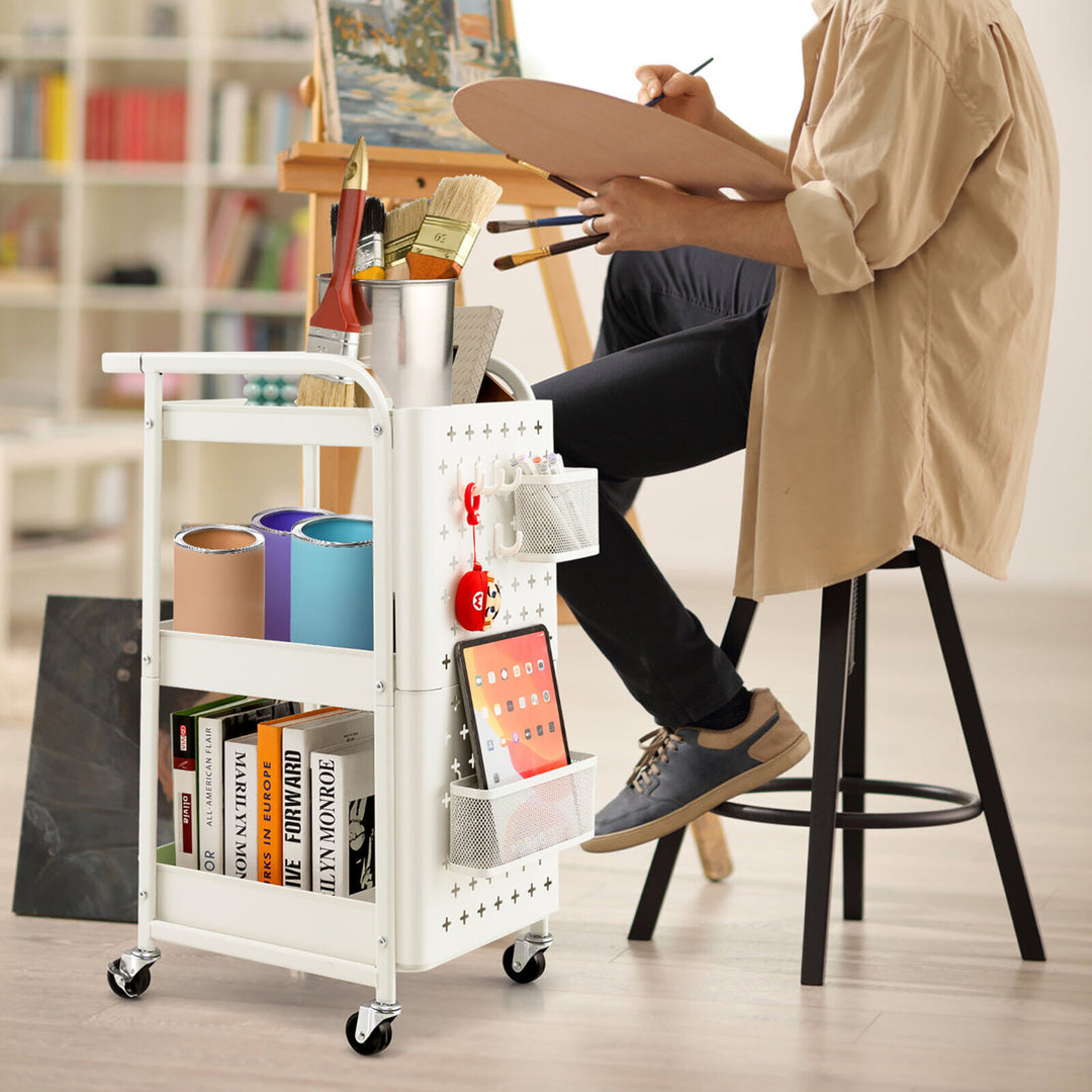 3-Tier Utility Storage Cart Metal Rolling Trolley w/ DIY Pegboard Baskets Image 3