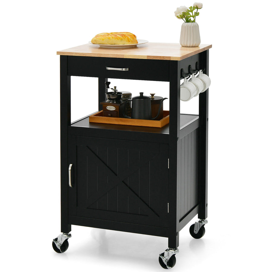 Small Kitchen Island on Wheels Mobile Trolley Cart Barn Door Drawer Hooks Image 1