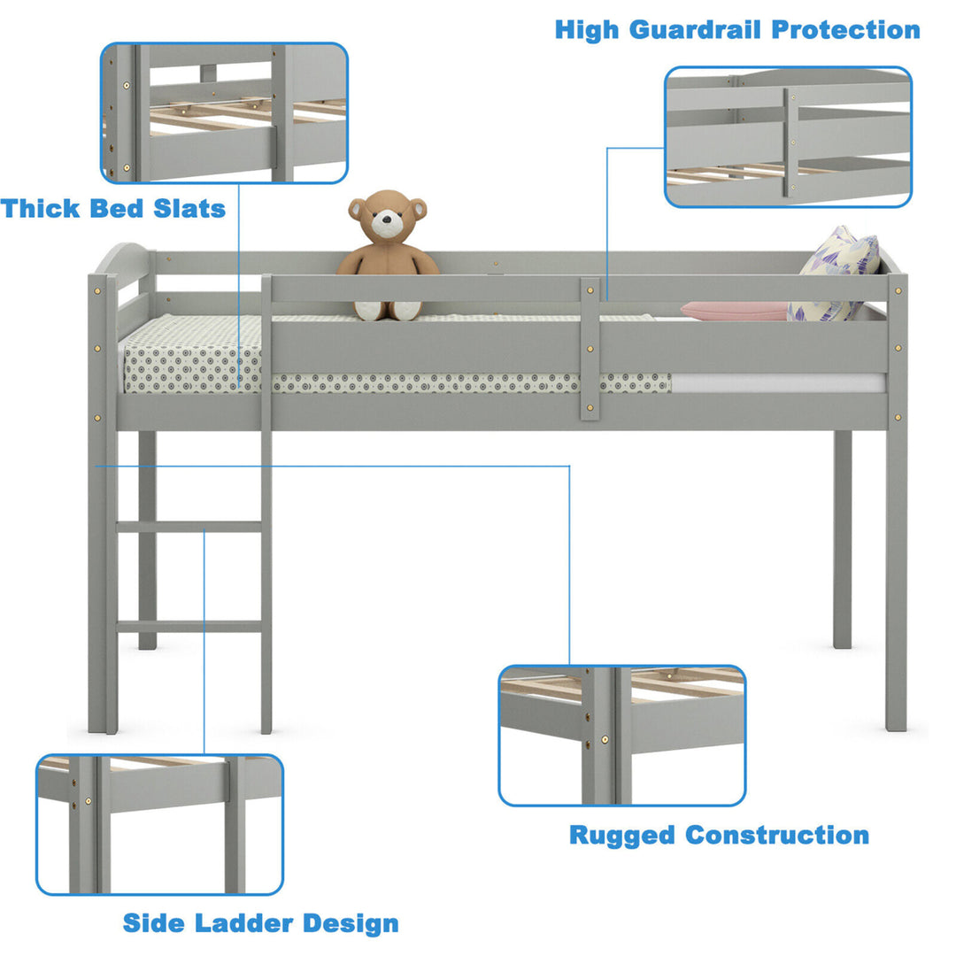 Twin Size Loft Bed Wooden Slats Support Loft Bed Frame w/ Ladder and Guardrails Image 3