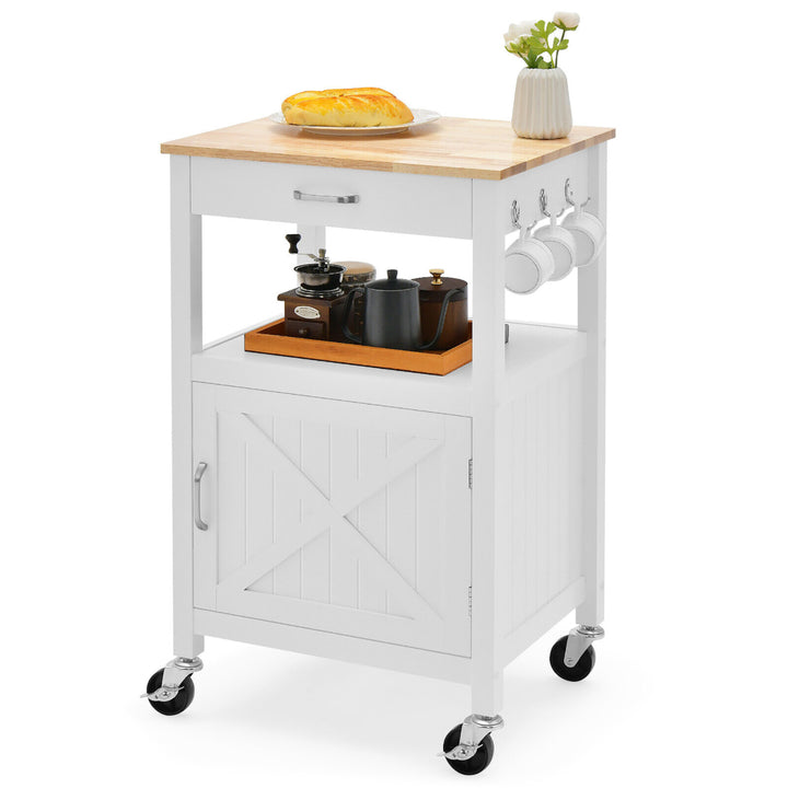 Small Kitchen Island on Wheels Mobile Trolley Cart Barn Door Drawer Hooks Image 4