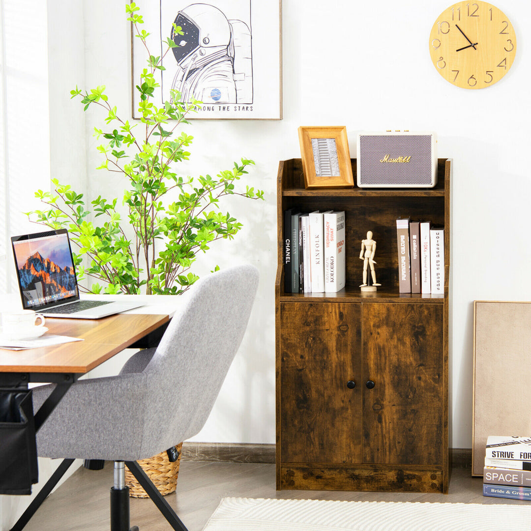 Storage Cabinet Bookcase w/2 Doors and Open Shelves Display Shelf Rustic Brown Image 3