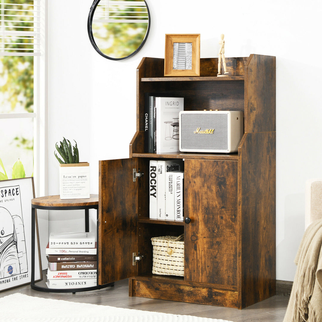 Storage Cabinet Bookcase w/2 Doors and Open Shelves Display Shelf Rustic Brown Image 4