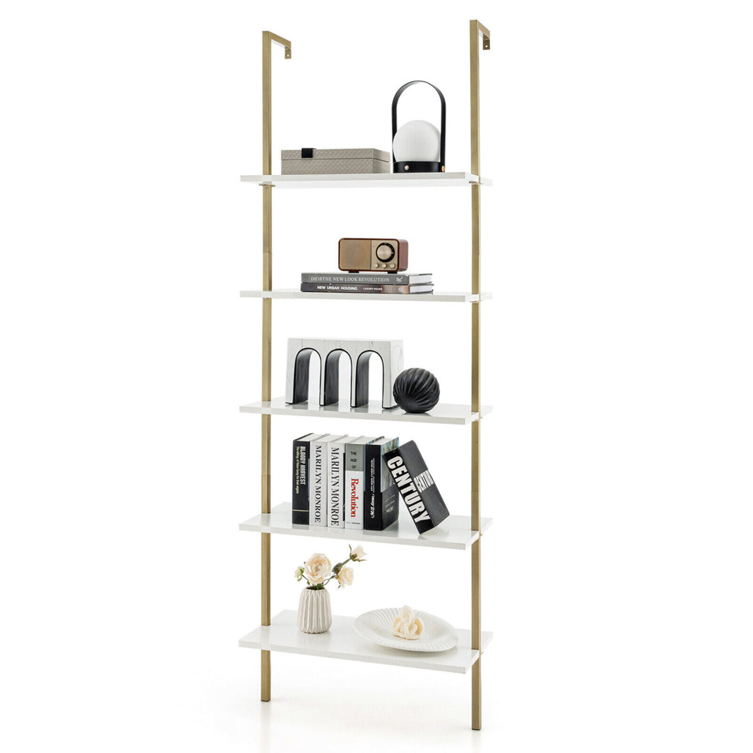 5 Tier Ladder Shelf 71 Open Wall-Mounted Bookcase with Golden Steel Frame Image 1