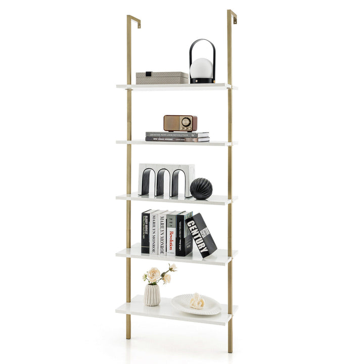 5 Tier Ladder Shelf 71 Open Wall-Mounted Bookcase with Golden Steel Frame Image 1