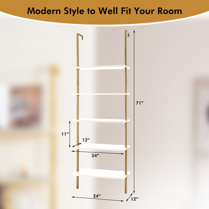 5 Tier Ladder Shelf 71 Open Wall-Mounted Bookcase with Golden Steel Frame Image 2