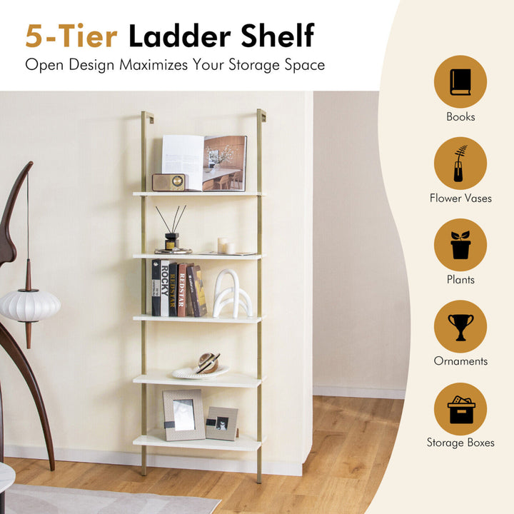 5 Tier Ladder Shelf 71 Open Wall-Mounted Bookcase with Golden Steel Frame Image 6