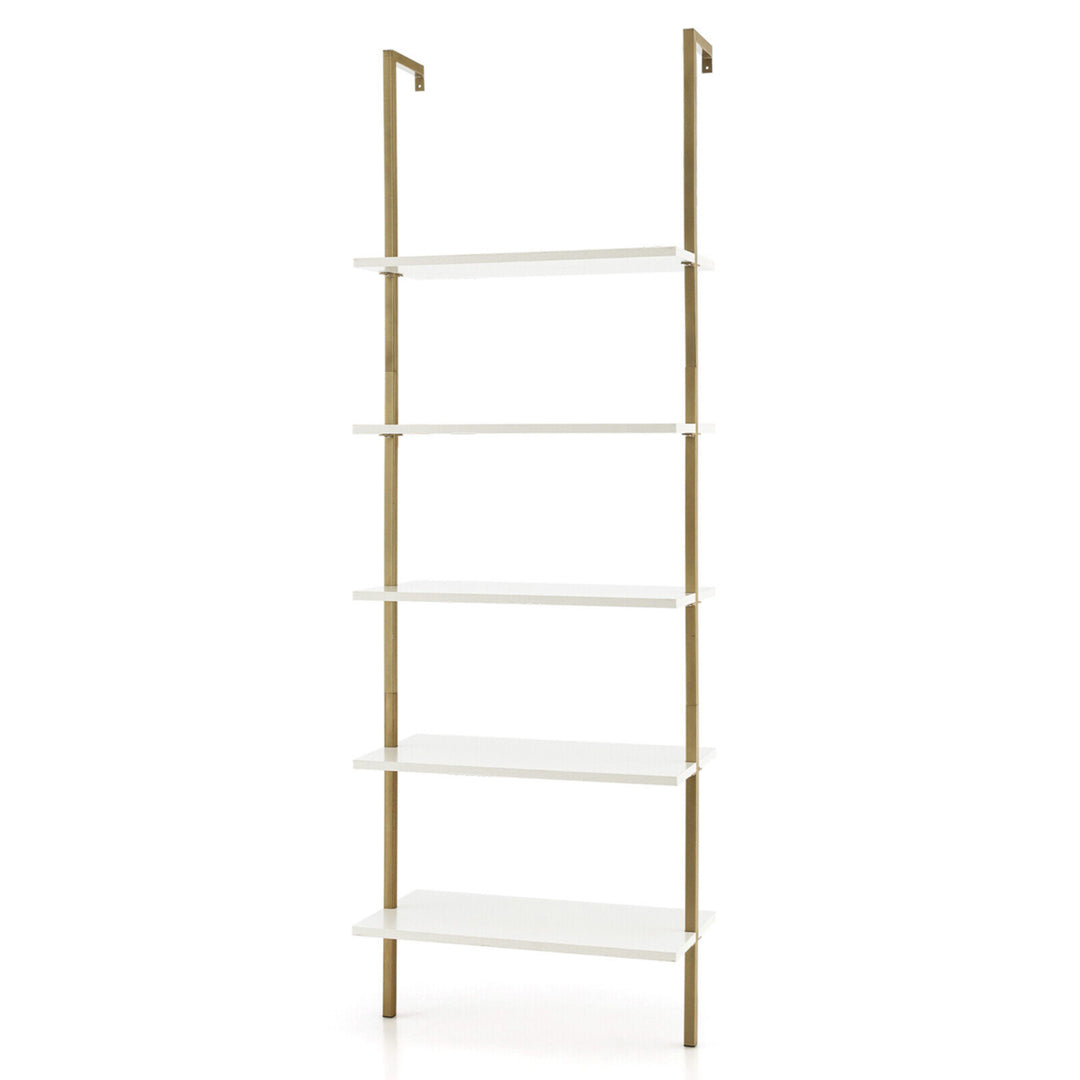 5 Tier Ladder Shelf 71 Open Wall-Mounted Bookcase with Golden Steel Frame Image 10