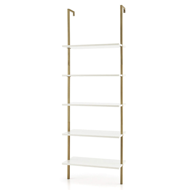 5 Tier Ladder Shelf 71 Open Wall-Mounted Bookcase with Golden Steel Frame Image 10