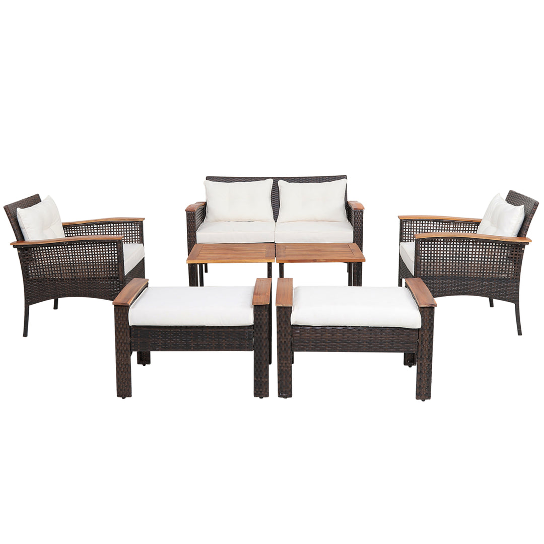 7PCS Patio Rattan Sofa Set Outdoor Wicker Conversation Set w/ Coffee Tables Image 9