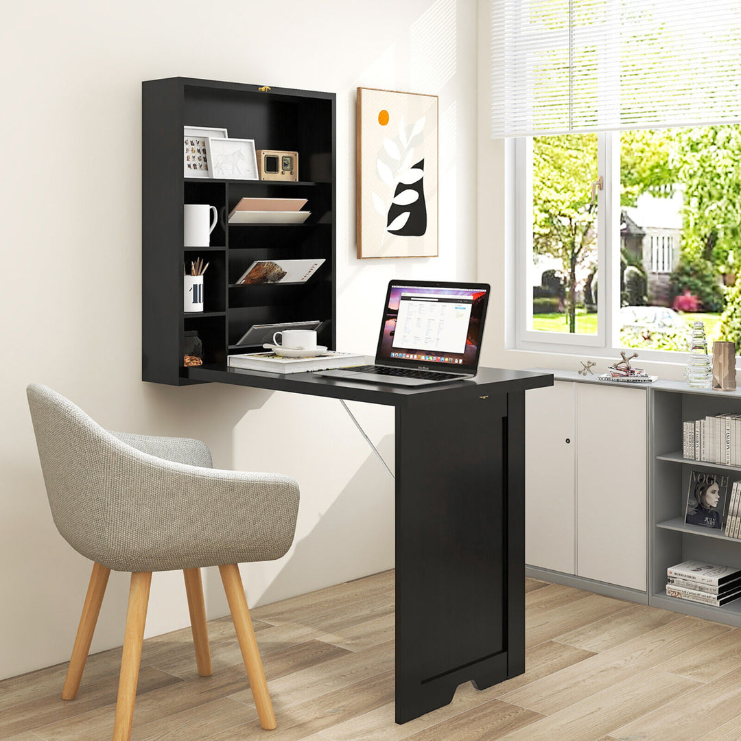 Wall Mounted Computer Convertible Desk Floating Desk w/ Storage Bookcases Black Image 3