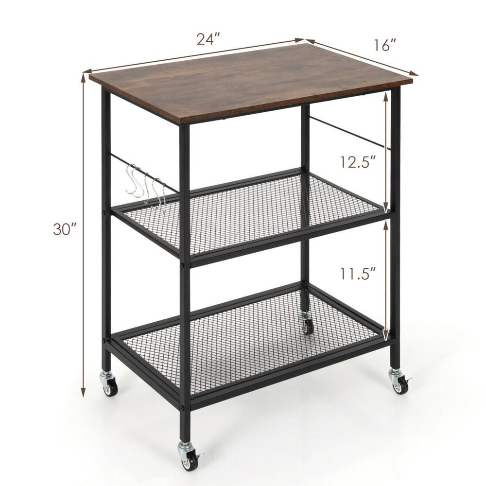 3-Tier Kitchen Serving Cart Utility Standing Microwave Rack w/ Hooks Image 2