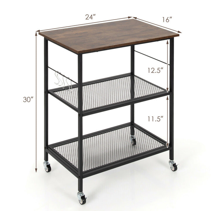 3-Tier Kitchen Serving Cart Utility Standing Microwave Rack w/ Hooks Image 2