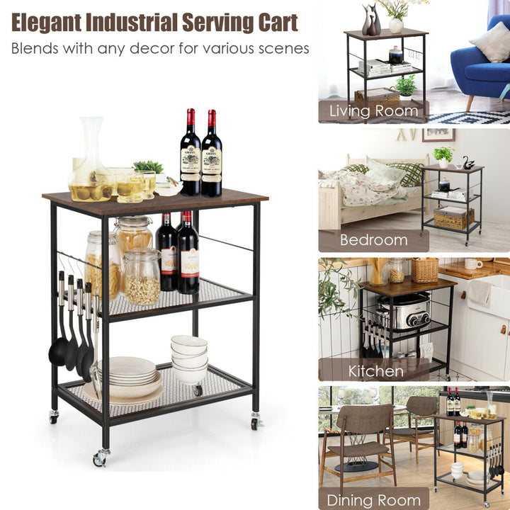 3-Tier Kitchen Serving Cart Utility Standing Microwave Rack w/ Hooks Image 6