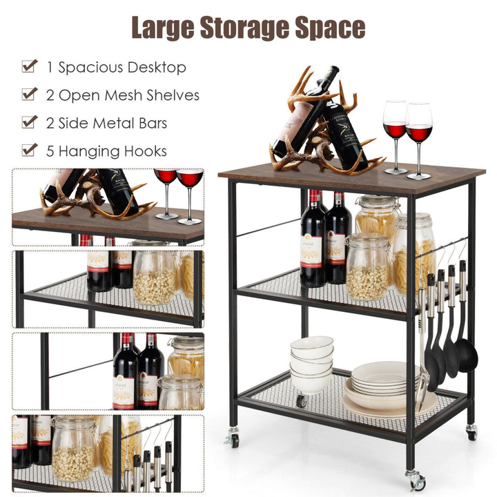 3-Tier Kitchen Serving Cart Utility Standing Microwave Rack w/ Hooks Image 7