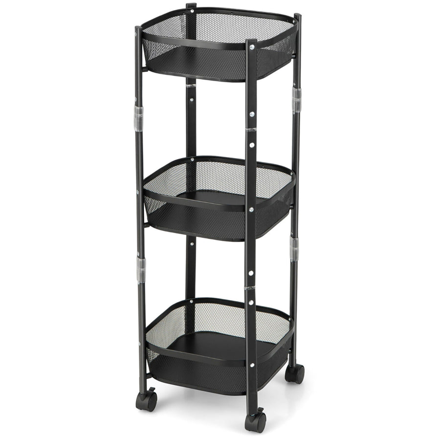 3-Tier Rotating 1-Second folding Storage Rack Metal Rolling Utility Cart Square Image 1