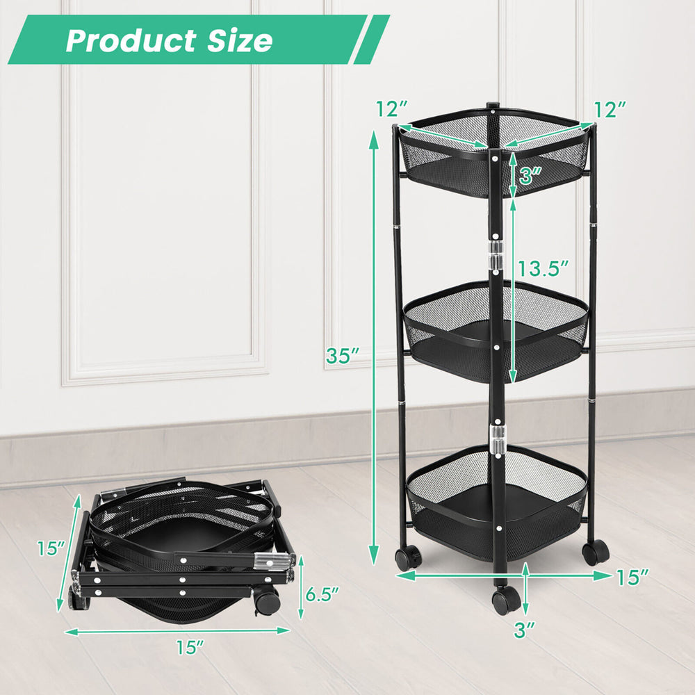 3-Tier Rotating 1-Second folding Storage Rack Metal Rolling Utility Cart Square Image 2