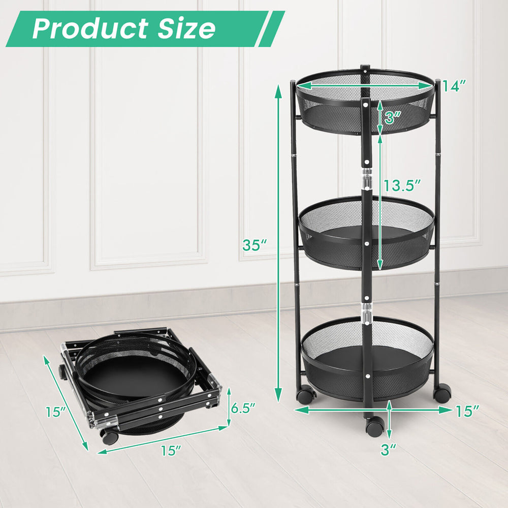 3-Tier Rotating 1-Second folding Storage Rack Metal Rolling Utility Cart Round Image 2