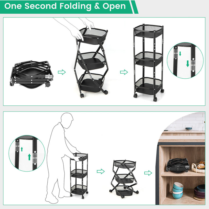 3-Tier Rotating 1-Second folding Storage Rack Metal Rolling Utility Cart Square Image 4