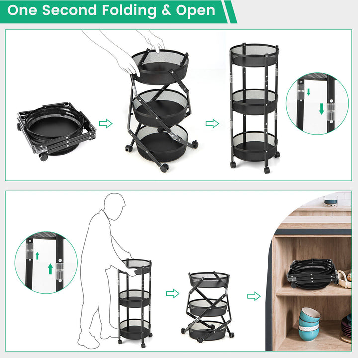 3-Tier Rotating 1-Second folding Storage Rack Metal Rolling Utility Cart Round Image 4