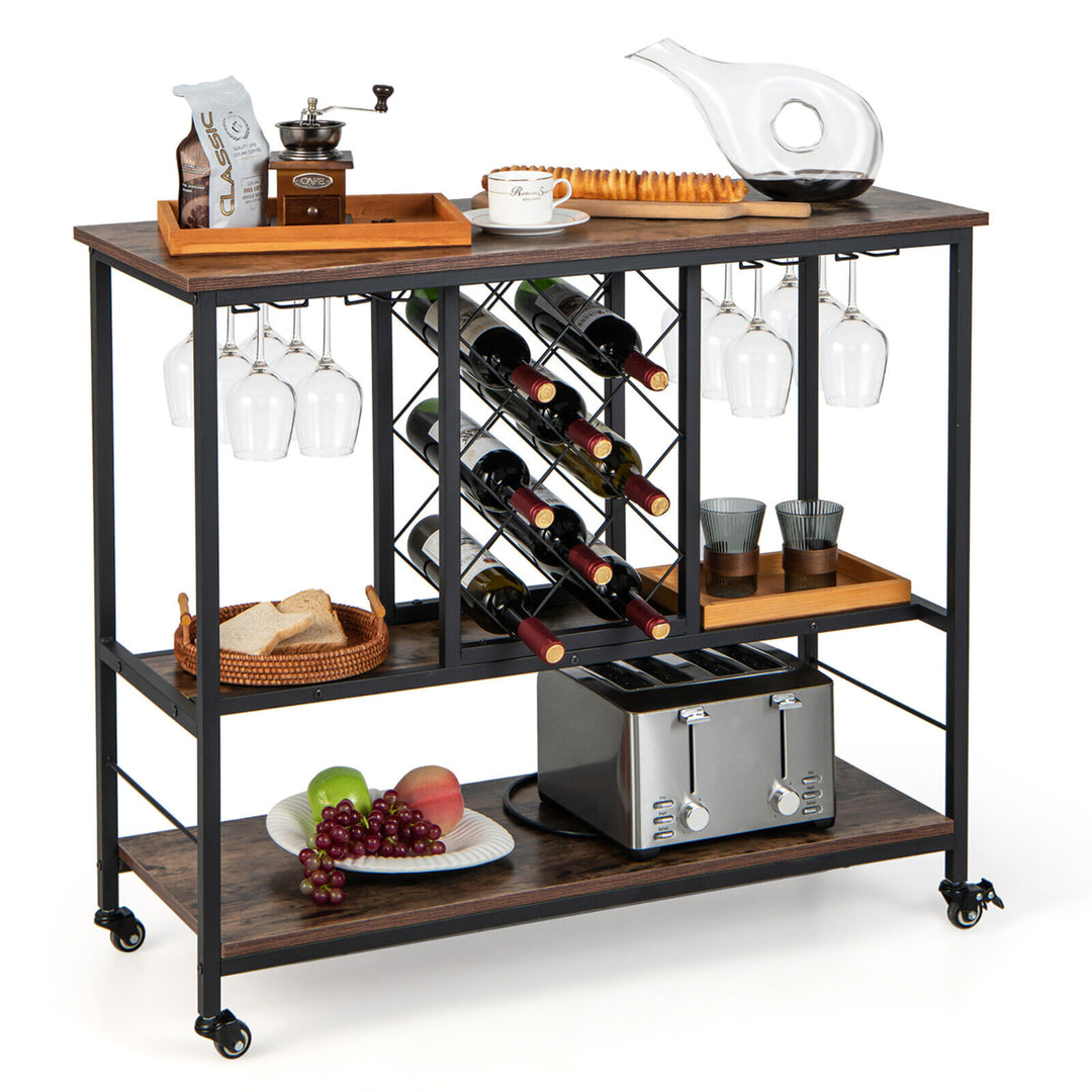 Industrial Liquor Bar Cart Rolling Kitchen Serving Cart w/ Wine Rack Glass Holder Image 1