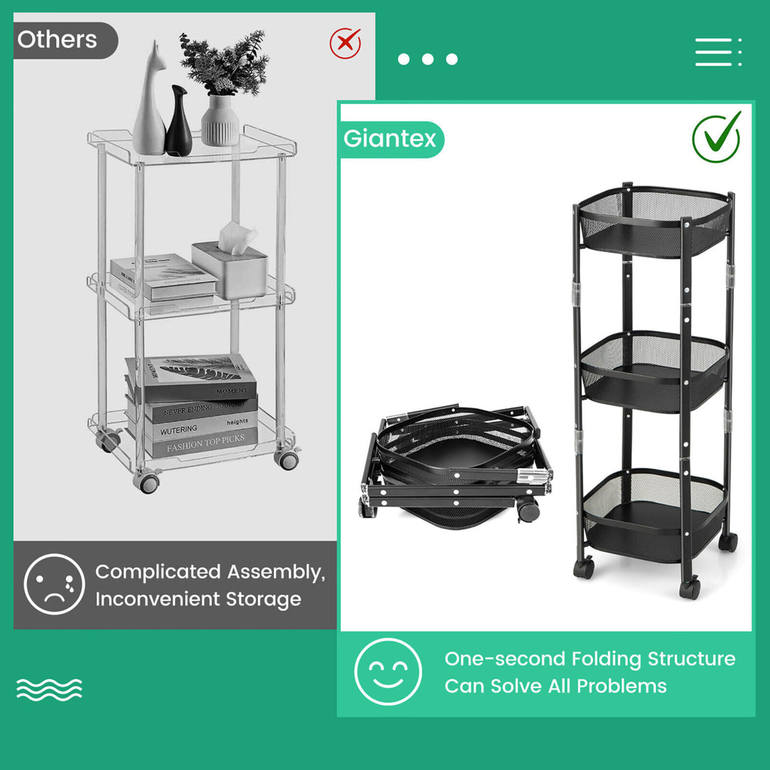 3-Tier Rotating 1-Second folding Storage Rack Metal Rolling Utility Cart Square Image 5