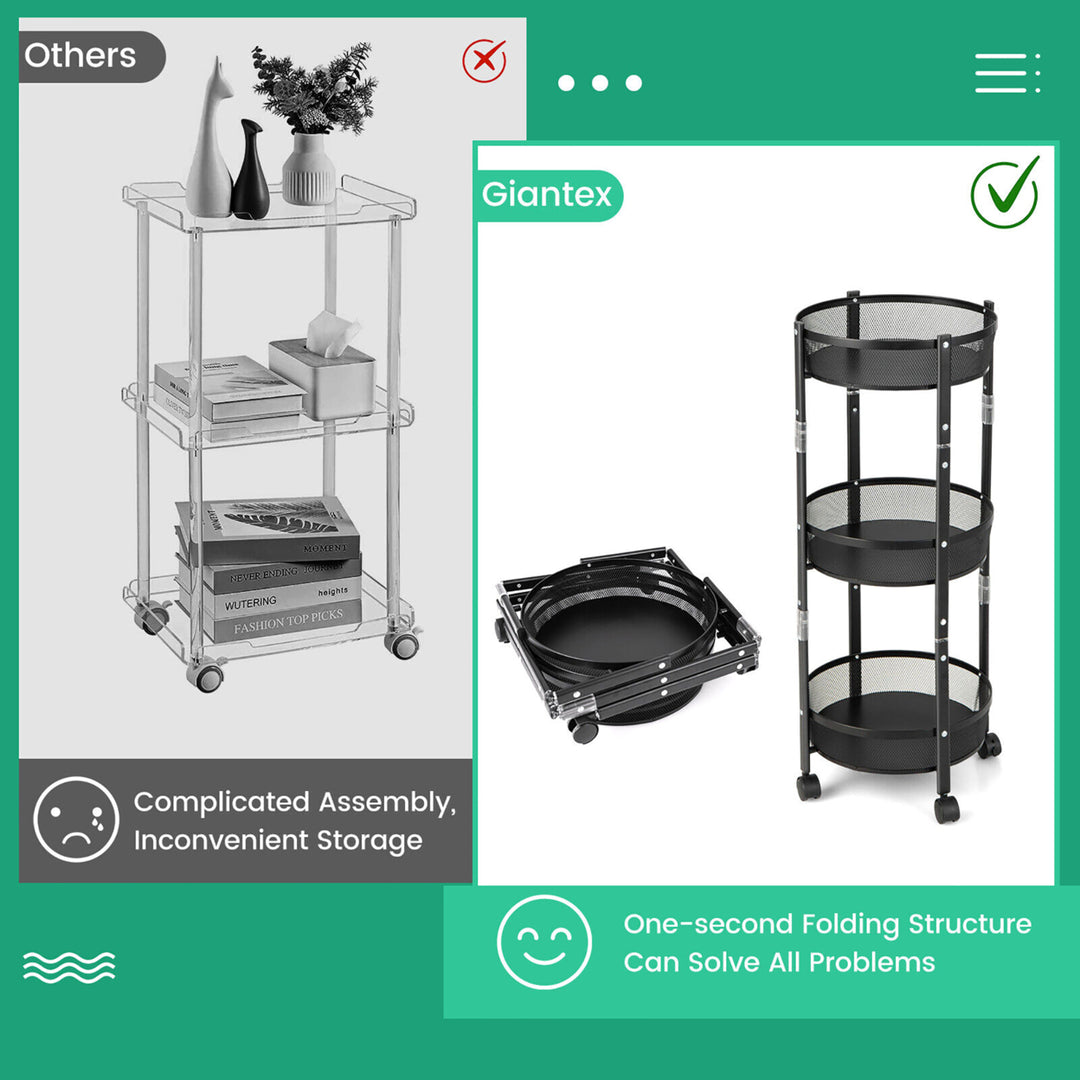 3-Tier Rotating 1-Second folding Storage Rack Metal Rolling Utility Cart Round Image 5