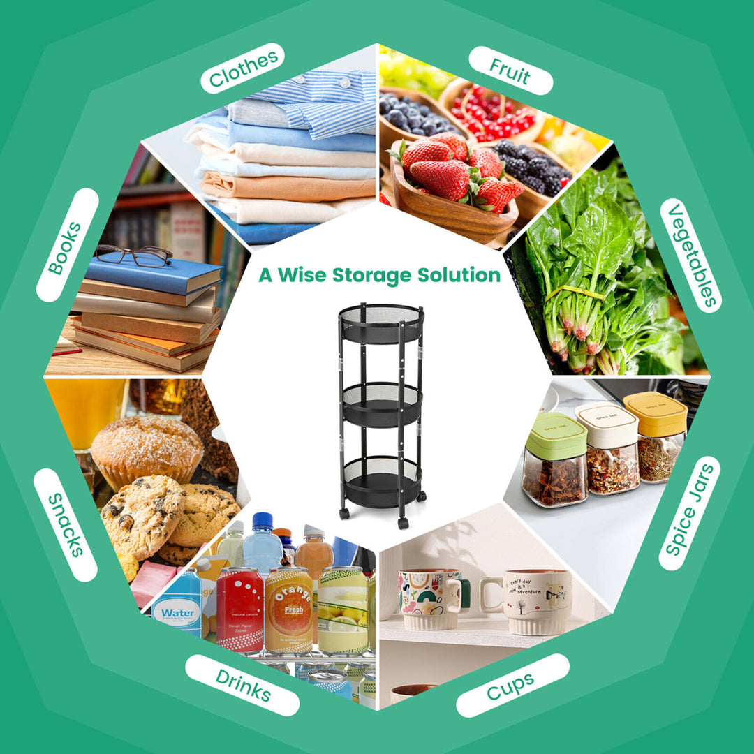 3-Tier Rotating 1-Second folding Storage Rack Metal Rolling Utility Cart Round Image 6