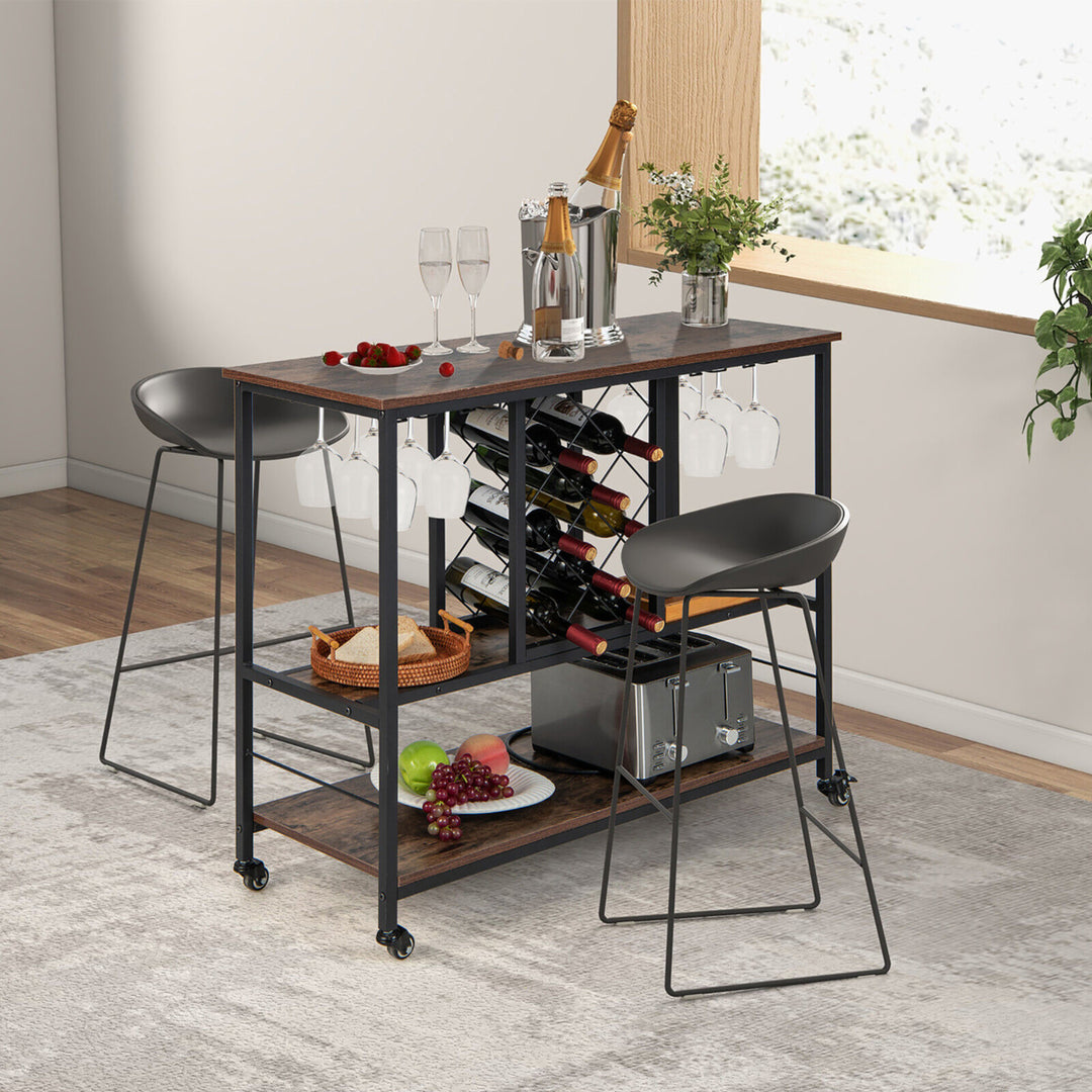 Industrial Liquor Bar Cart Rolling Kitchen Serving Cart w/ Wine Rack Glass Holder Image 4