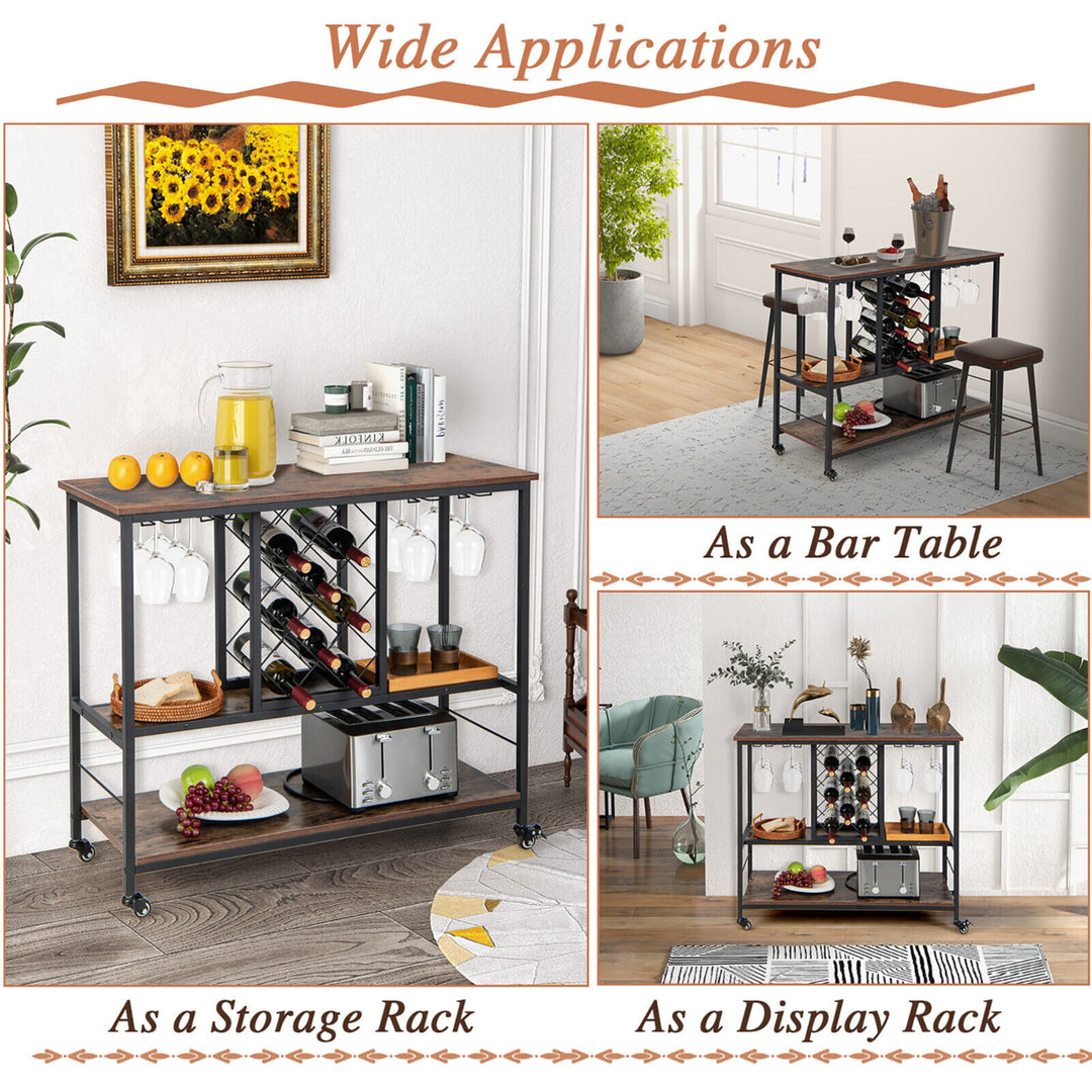 Industrial Liquor Bar Cart Rolling Kitchen Serving Cart w/ Wine Rack Glass Holder Image 6