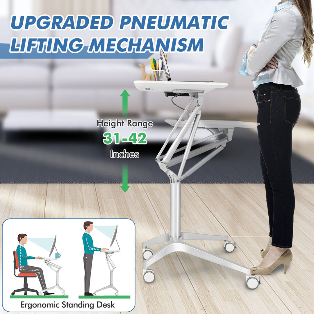 Pneumatic Standing Desk Rolling Adjustable Laptop Cart Mobile Podium w/ Slot Image 6