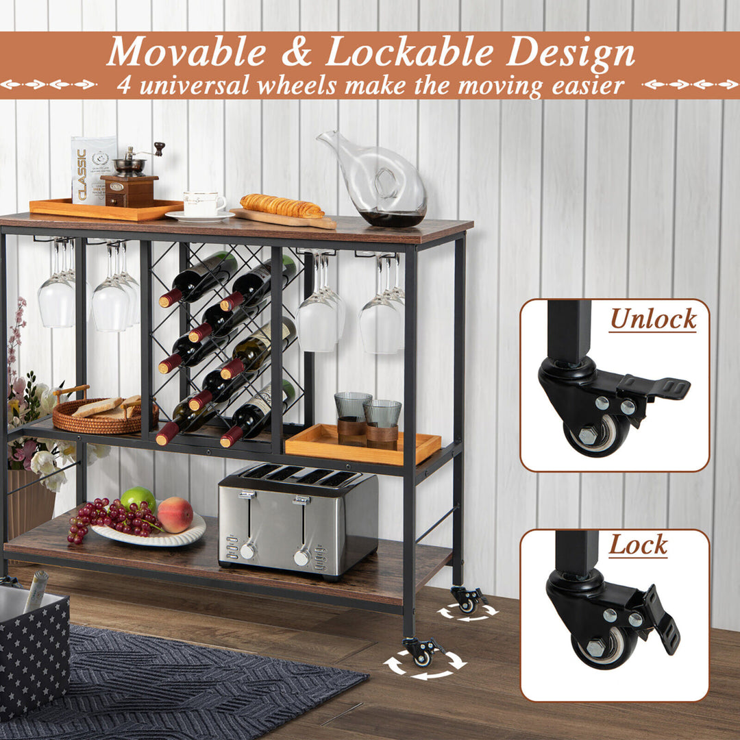 Industrial Liquor Bar Cart Rolling Kitchen Serving Cart w/ Wine Rack Glass Holder Image 8