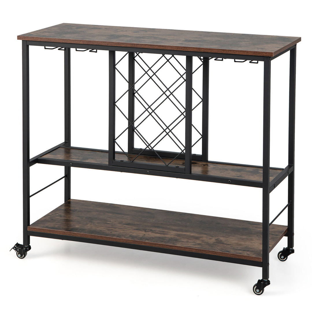 Industrial Liquor Bar Cart Rolling Kitchen Serving Cart w/ Wine Rack Glass Holder Image 10