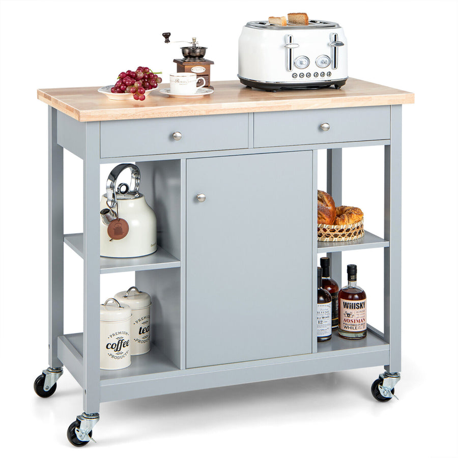 Kitchen Island Utility Cart Rolling Storage Trolley w/ Open Shelves and 2 Drawers Image 1