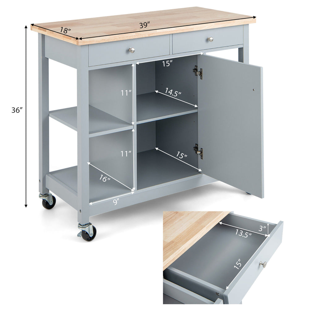 Kitchen Island Utility Cart Rolling Storage Trolley w/ Open Shelves and 2 Drawers Image 2