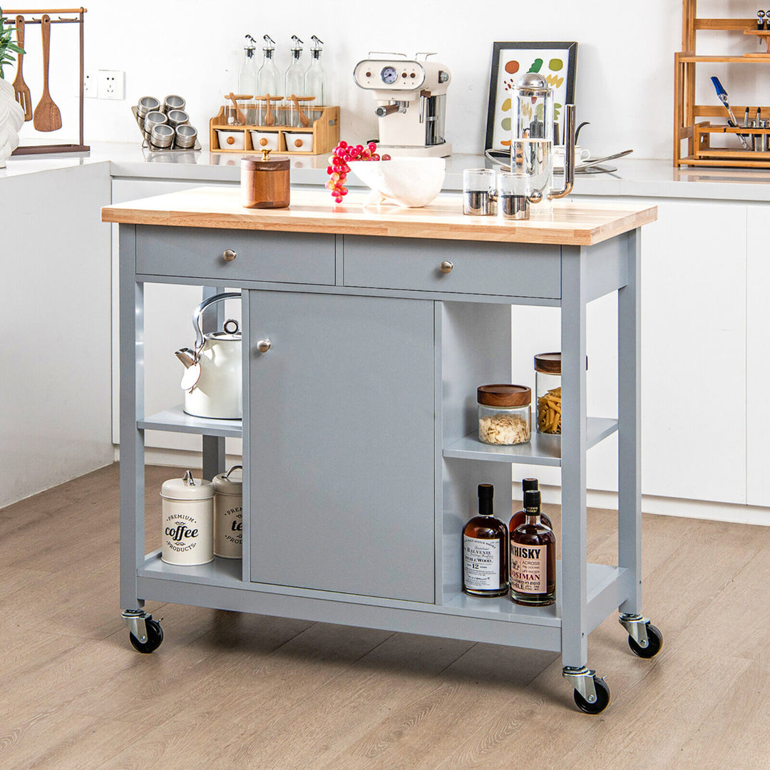 Kitchen Island Utility Cart Rolling Storage Trolley w/ Open Shelves and 2 Drawers Image 4