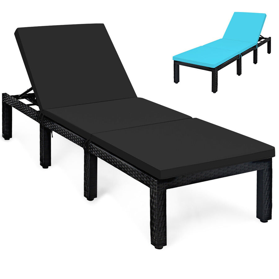 Adjustable Rattan Patio Chaise Lounge Chair Couch w/ Black and Turquoise Cushion Image 1