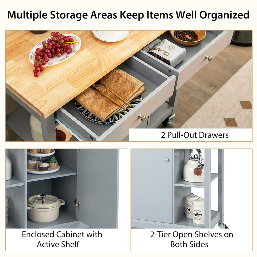 Kitchen Island Utility Cart Rolling Storage Trolley w/ Open Shelves and 2 Drawers Image 8