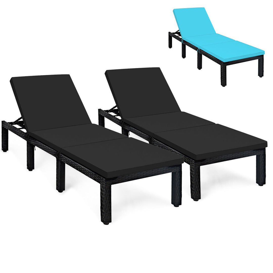 2PCS Adjustable Rattan Patio Chaise Lounge Chair Couch w/ Black and Turquoise Cushion Image 1