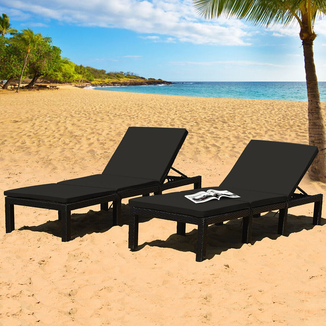 2PCS Adjustable Rattan Patio Chaise Lounge Chair Couch w/ Black and Turquoise Cushion Image 3