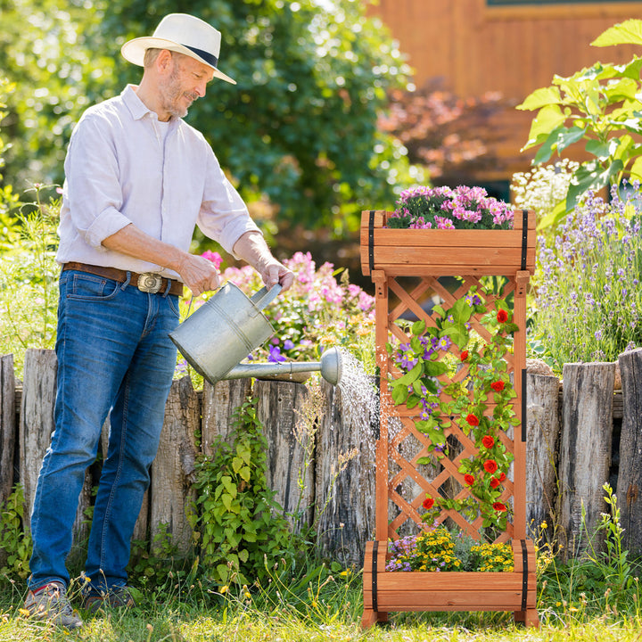 2-Tier Raised Planter Garden Wooden Bed w/ 2 Cylindrical Planter Boxes Image 4