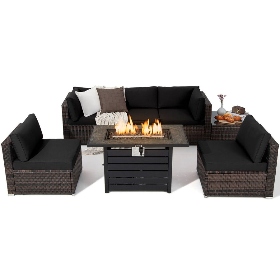 7PCS Patio Rattan Furniture Set 42 Fire Pit Table w/ Cover Cushioned Image 1