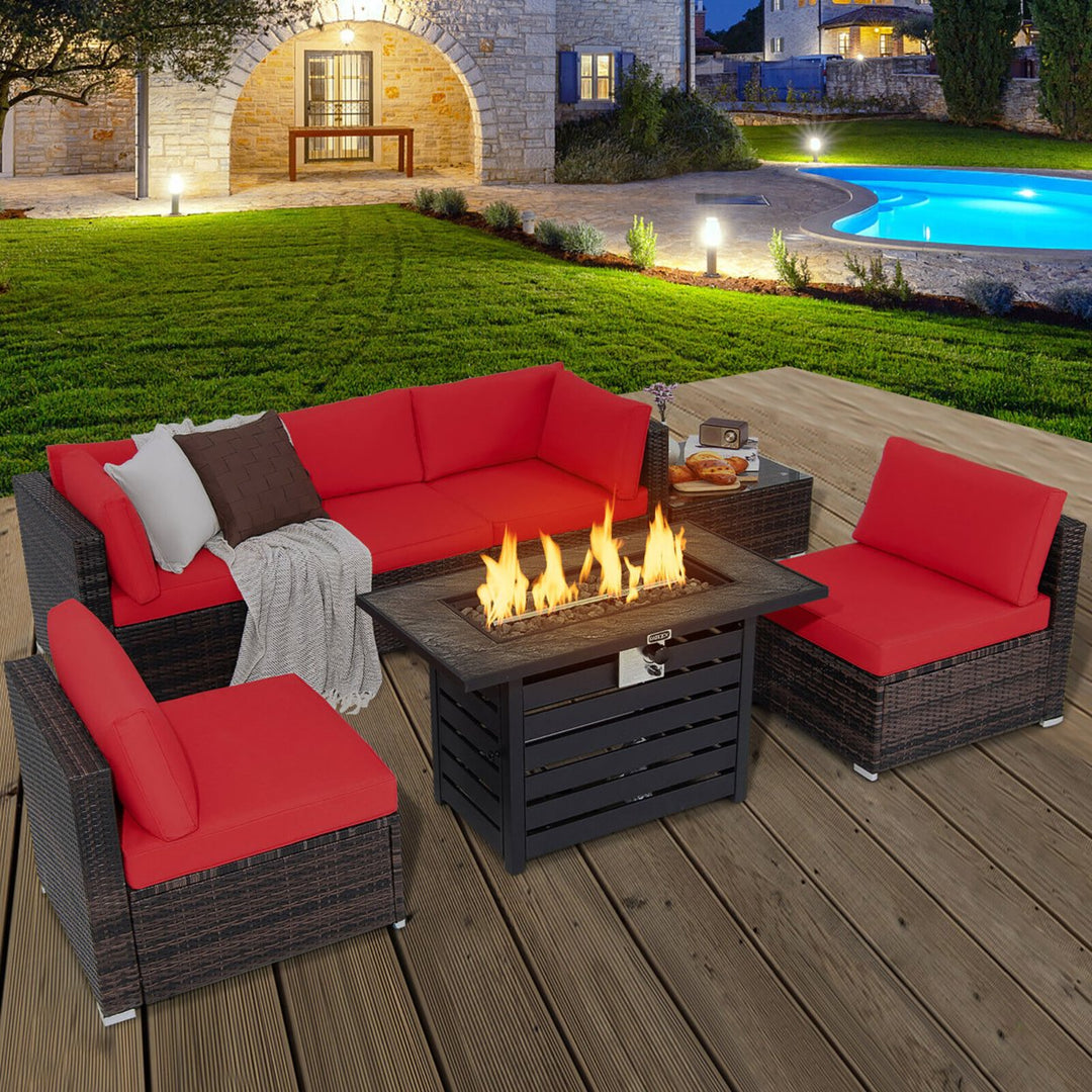 7PCS Patio Rattan Furniture Set 42 Fire Pit Table w/ Cover Cushioned Image 3