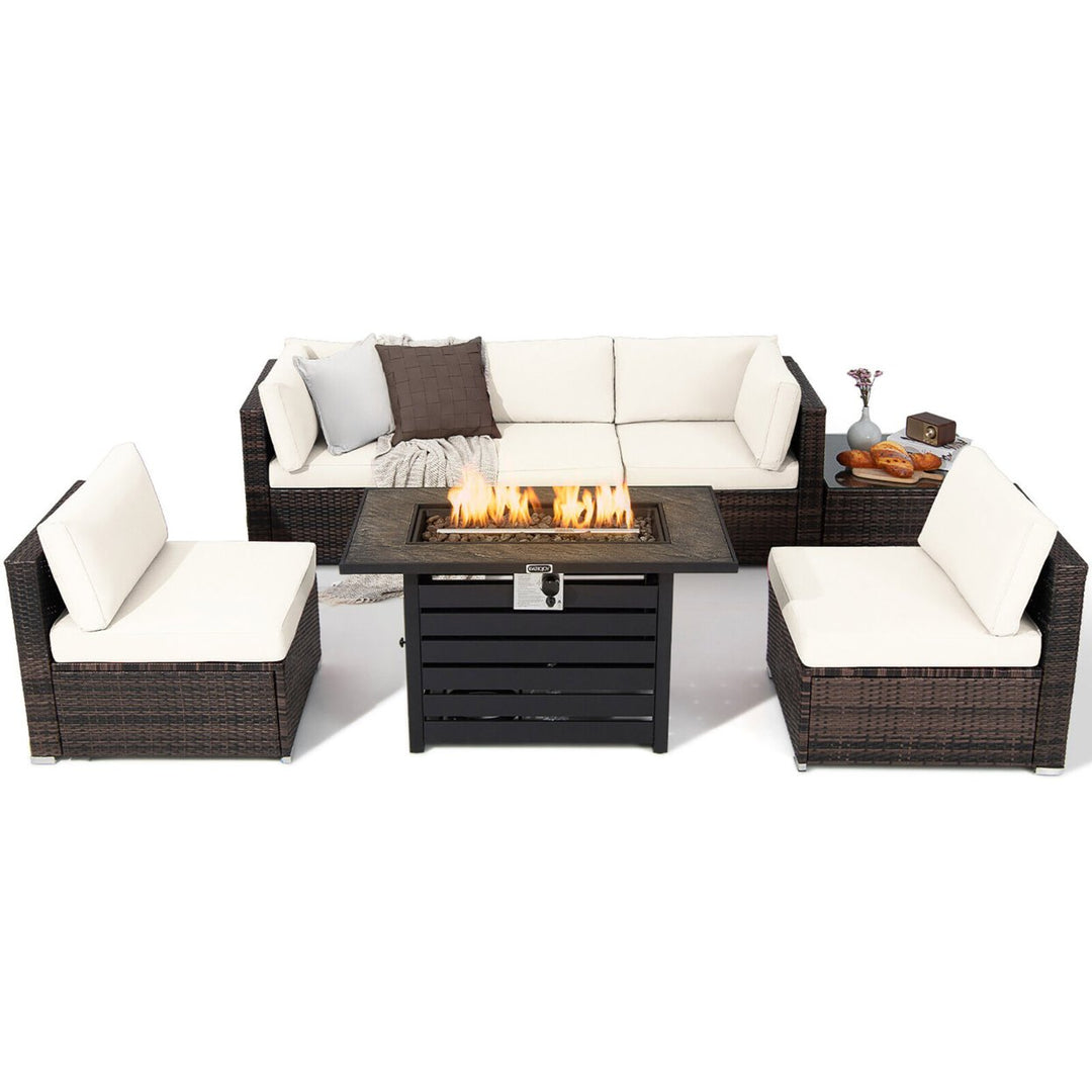 7PCS Patio Rattan Furniture Set 42 Fire Pit Table w/ Cover Cushioned Image 5