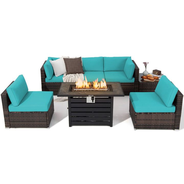 7PCS Patio Rattan Furniture Set 42 Fire Pit Table w/ Cover Cushioned Image 6