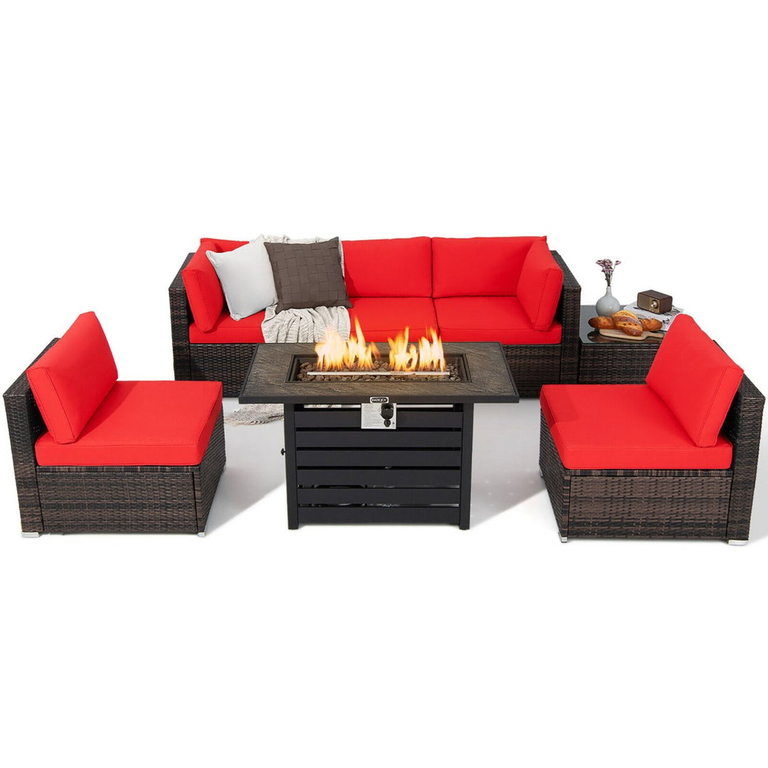 7PCS Patio Rattan Furniture Set 42 Fire Pit Table w/ Cover Cushioned Image 7