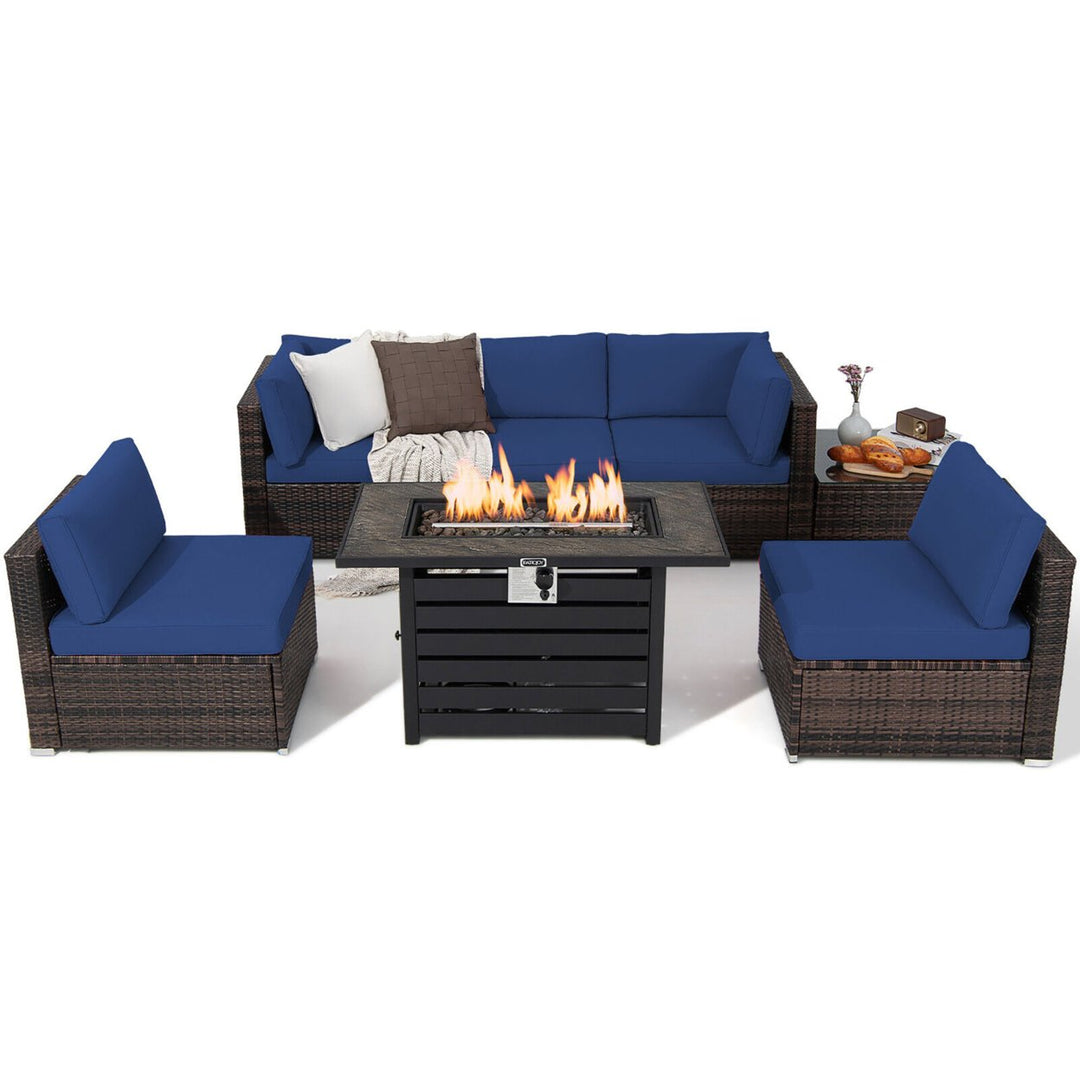 7PCS Patio Rattan Furniture Set 42 Fire Pit Table w/ Cover Cushioned Image 8